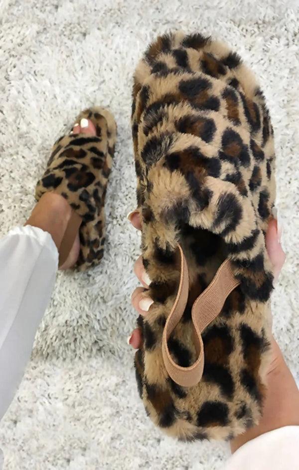 Femme Luxe Leopard Fluffy Faux Fur Elasticated Back Flatform Slippers - Amara