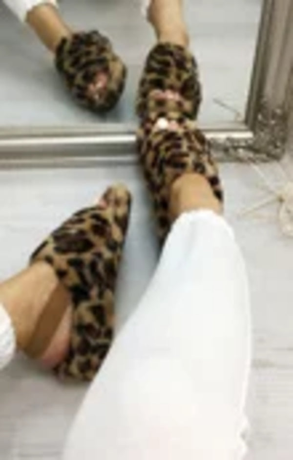 Femme Luxe Leopard Fluffy Faux Fur Elasticated Back Flatform Slippers - Amara