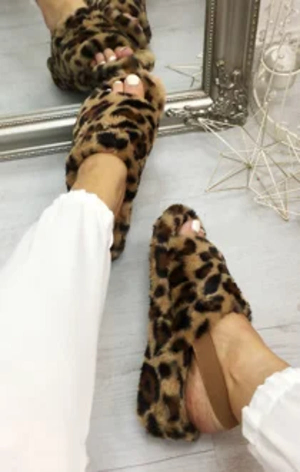 femme luxe Leopard Fluffy Faux Fur Elasticated Back Flatform Slippers - Amara
