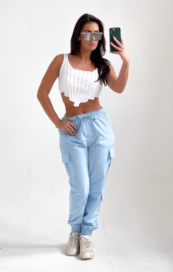 Femme Luxe Light Blue Elasticated Drawstring Cargo Trousers - Etta