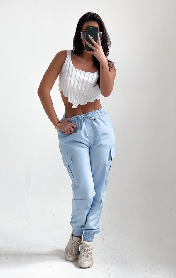 Femme Luxe Light Blue Elasticated Drawstring Cargo Trousers - Etta