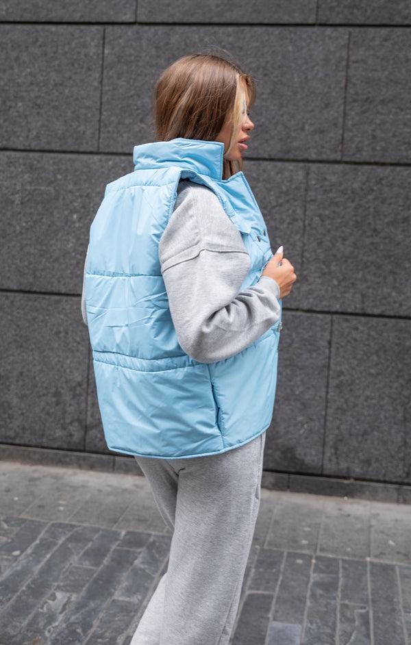Femme Luxe Light Blue High Neck Sleeveless Popper Front Pocket Detail Padded Gilet - Tinley