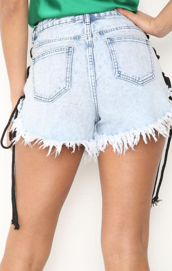 Femme Luxe Light Blue Lace Up Side Denim Frayed Shorts - Leontina