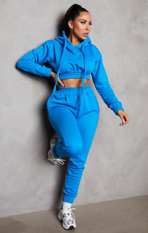 Femme Luxe Light Blue Long Sleeve Crop Hoodie High Waisted Joggers Shirred Detail Fleece Loungewear Set - Costella