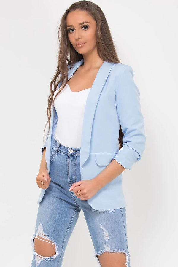 Femme Luxe Light Blue Long Sleeve Pocket Blazer - Tenely