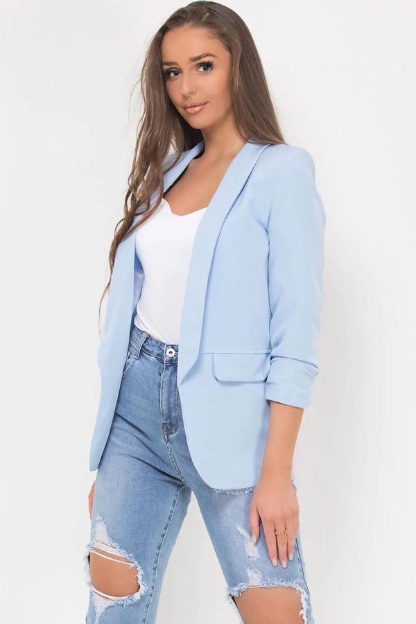 Femme Luxe Light Blue Long Sleeve Pocket Blazer - Tenely