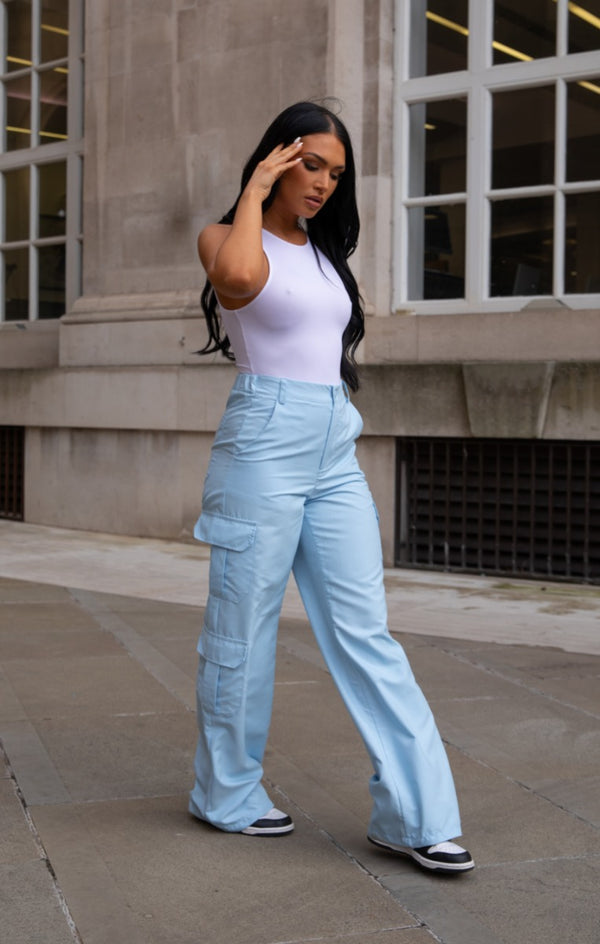 Femme Luxe Light Blue Oversized Straight Leg Two Side Pockets Cargo Trousers - Ella