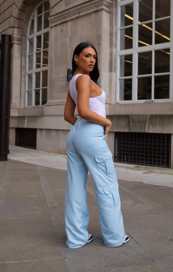 Femme Luxe Light Blue Oversized Straight Leg Two Side Pockets Cargo Trousers - Ella