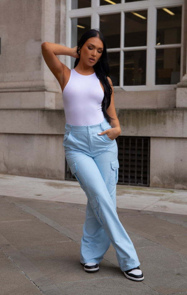 Femme Luxe Light Blue Oversized Straight Leg Two Side Pockets Cargo Trousers - Ella