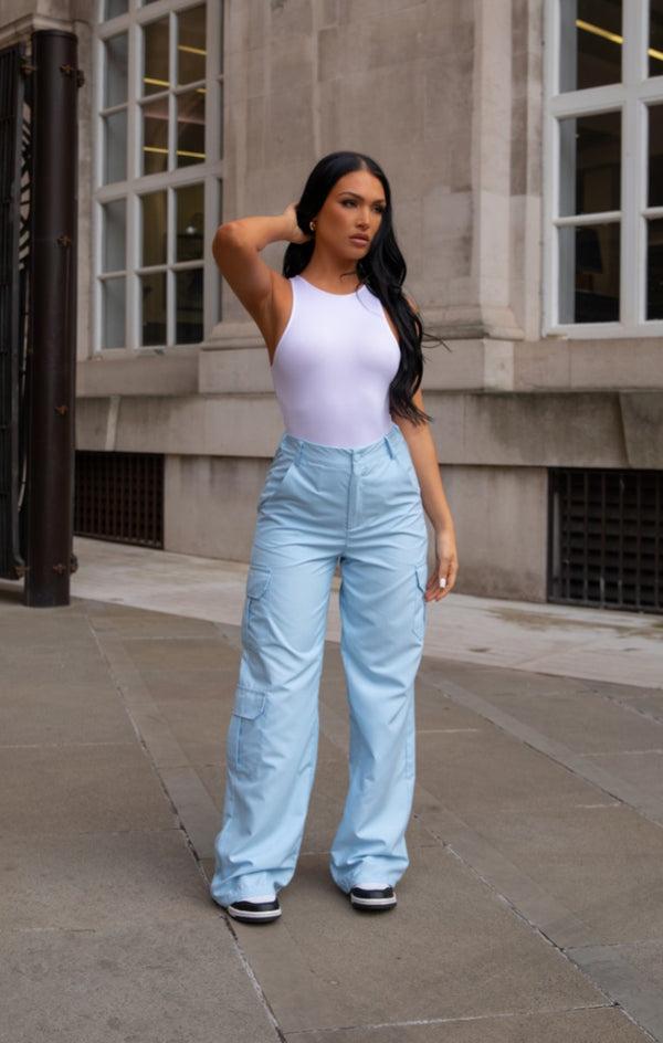 femme luxe Light Blue Oversized Straight Leg Two Side Pockets Cargo Trousers - Ella