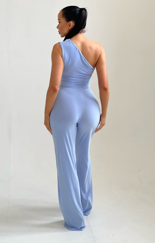 Femme Luxe Light Blue Tie Front Slinky Wide Leg One Shoulder Jumpsuit - Heather