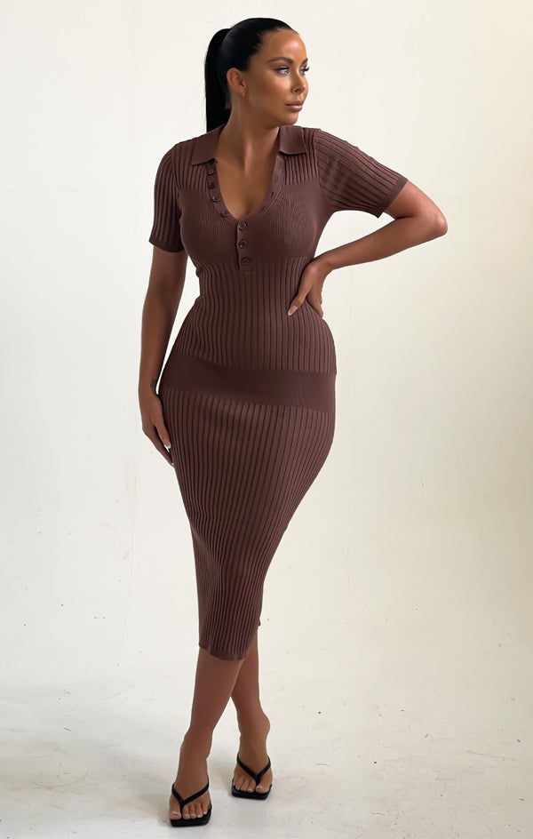 Femme Luxe Light Chocolate Buttoned Up Short Sleeve Open Back Maxi Dress - Micaela