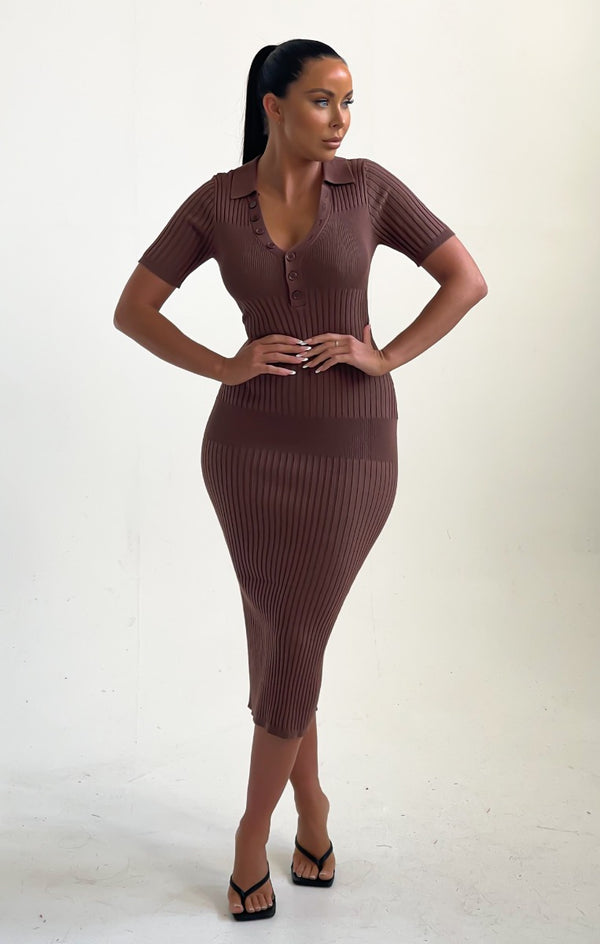 Femme Luxe Light Chocolate Buttoned Up Short Sleeve Open Back Maxi Dress - Micaela