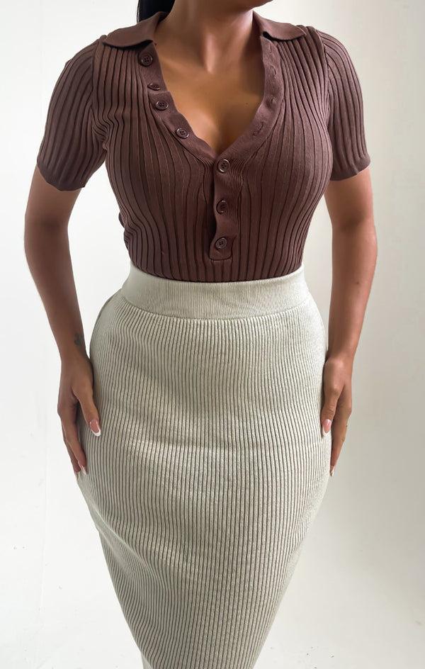 Femme Luxe Light Chocolate Buttoned Up Short Sleeve Ribbed Bodysuit - Joni