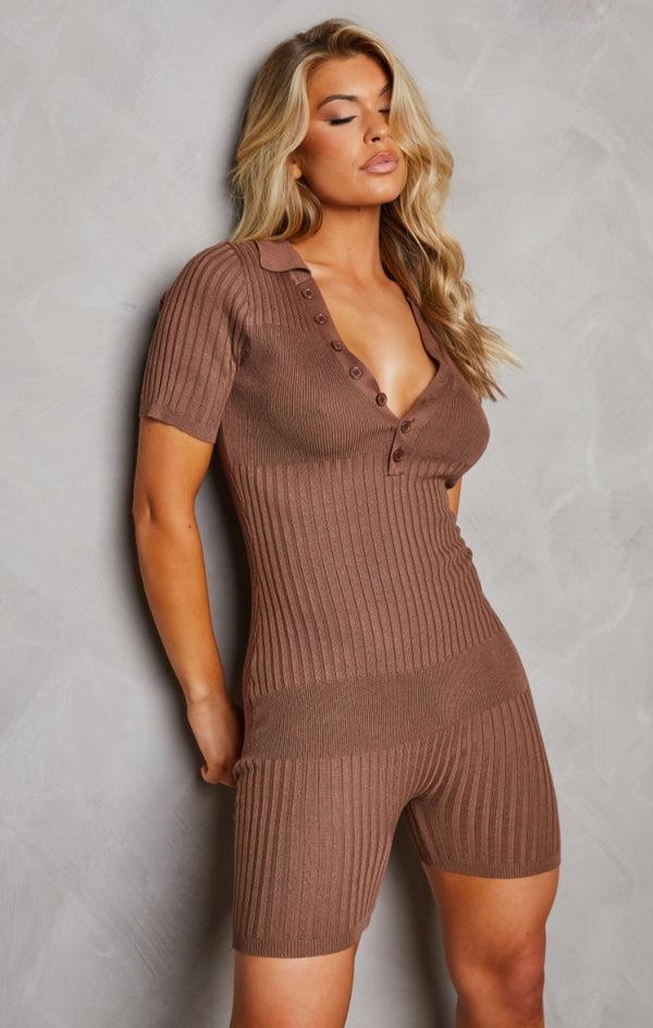 Femme Luxe Light Chocolate Buttoned Up Short Sleeve Ribbed Playsuit - Allegra