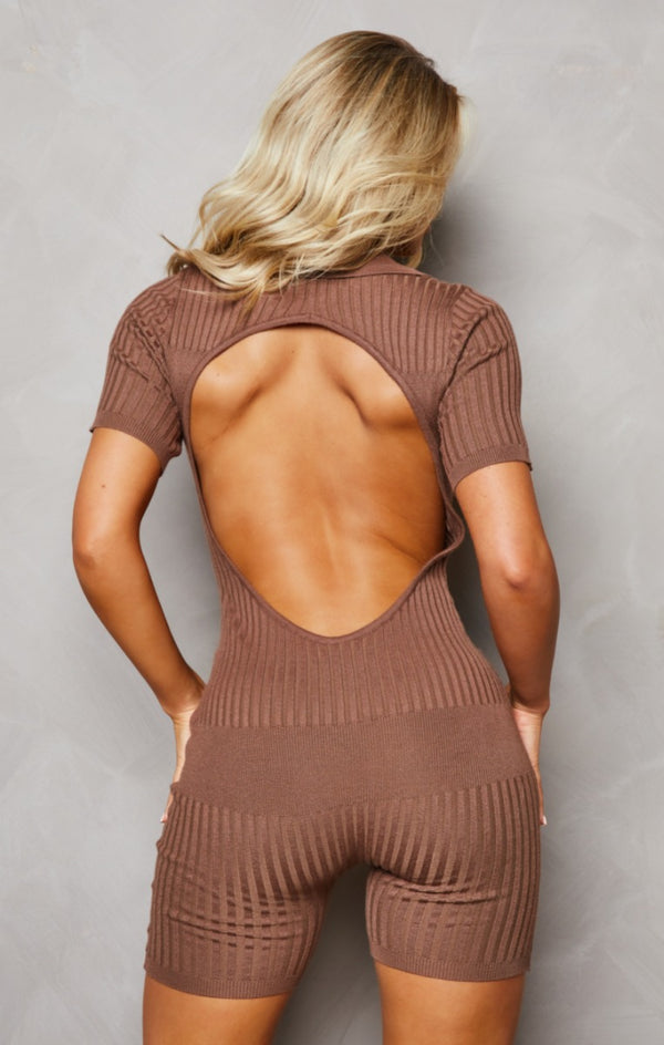 Femme Luxe Light Chocolate Buttoned Up Short Sleeve Ribbed Playsuit - Allegra