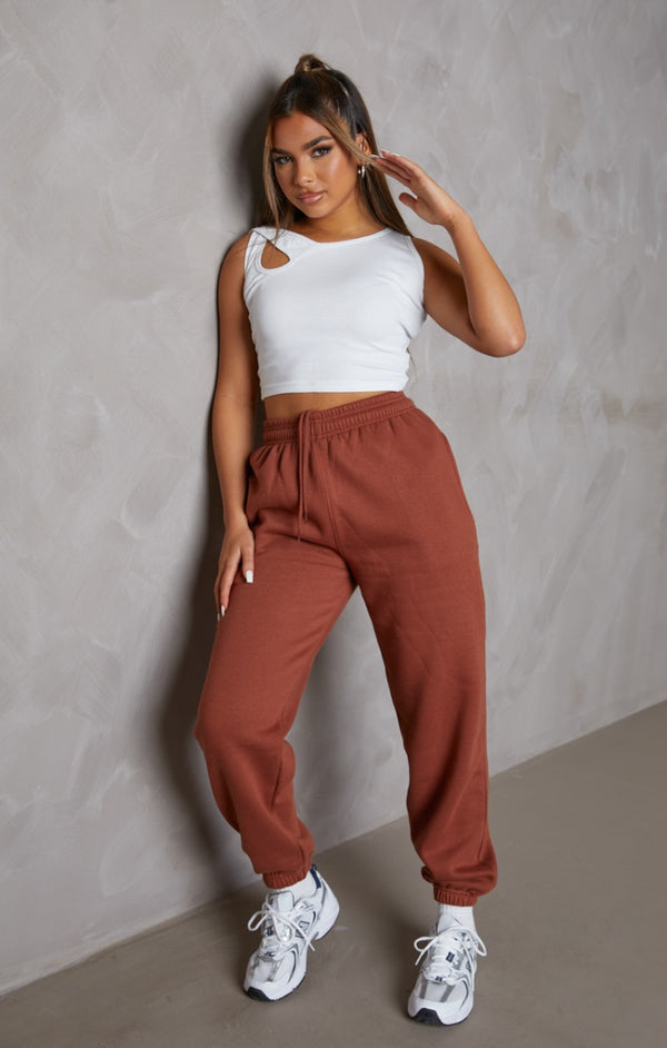Femme Luxe Light Chocolate Oversized High Waisted Shirred Drawstring Pocket Detail Cuffed Joggers - Samira