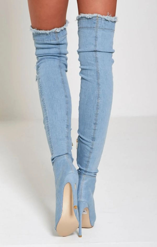 Femme Luxe Light Denim Ripped Thigh High Boots - Briar