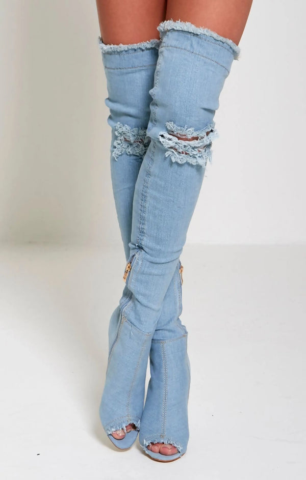 Femme Luxe Light Denim Ripped Thigh High Boots - Briar