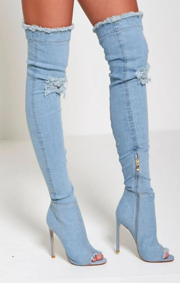 Femme Luxe Light Denim Ripped Thigh High Boots - Briar