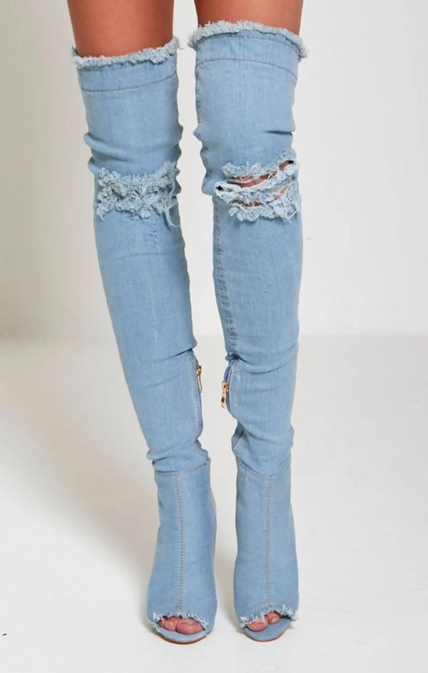 femme luxe Light Denim Ripped Thigh High Boots - Briar