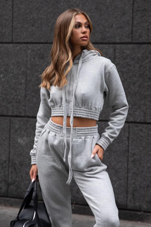 Femme Luxe Light Grey Cropped Zip Front Elasticated Hem Hoodie And High Waisted Jogger Loungewear Set - Addisyn