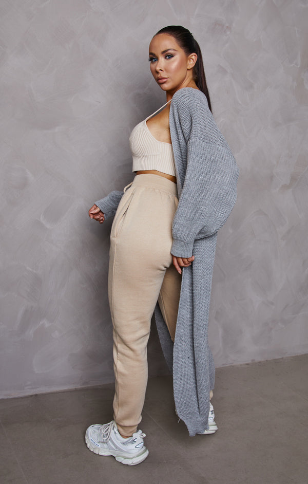 Femme Luxe Light Grey Knitted Long Puff Sleeve Midi Longline Cardigan - Poppy