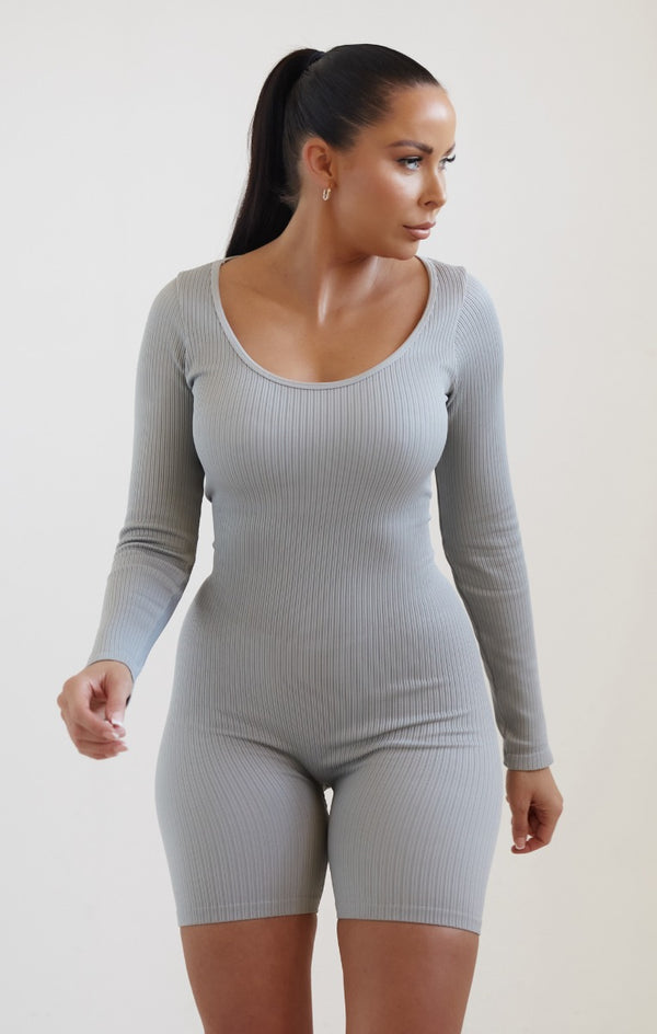 Femme Luxe Light Grey Long Sleeve Plunge Fitted Unitard - Rahma