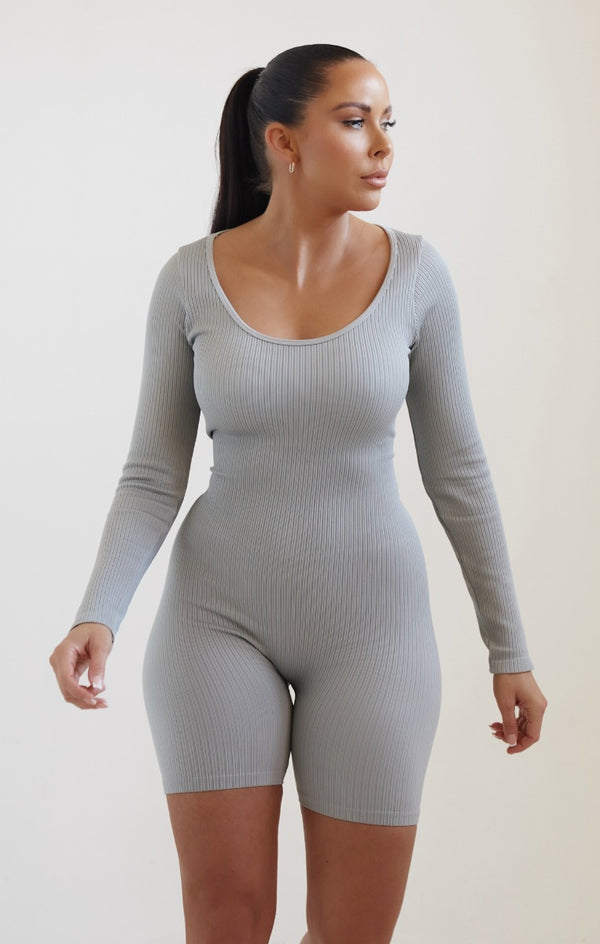 femme luxe Light Grey Long Sleeve Plunge Fitted Unitard - Rahma