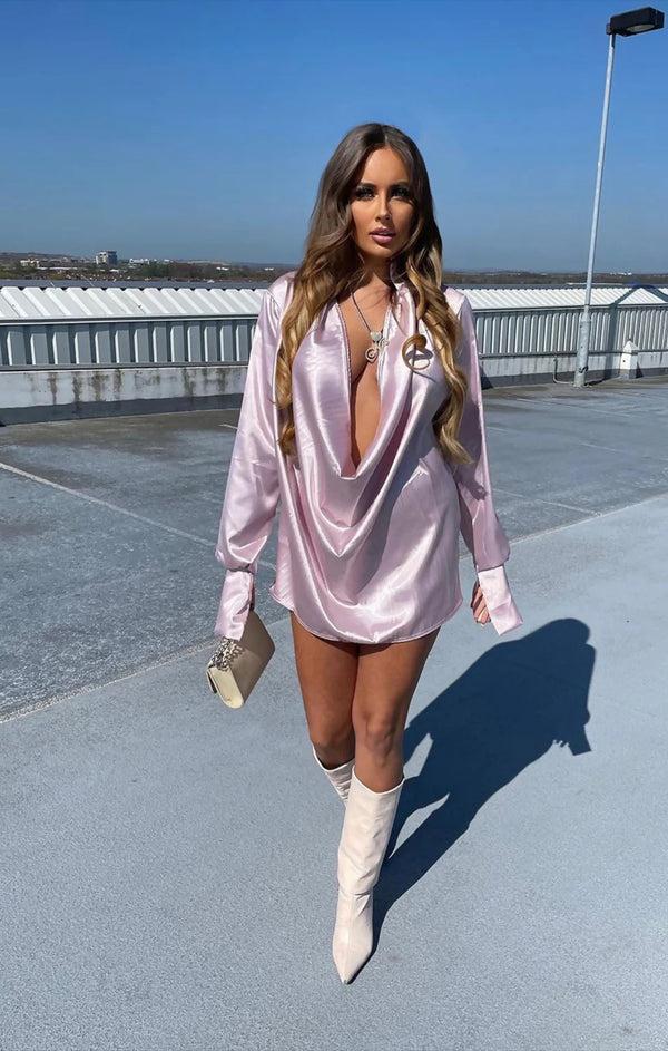 Femme Luxe Light Lilac Extreme Cowl Longline Satin Shirt - Corintha