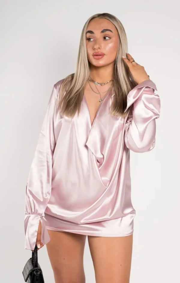 femme luxe Light Lilac Extreme Cowl Longline Satin Shirt - Corintha