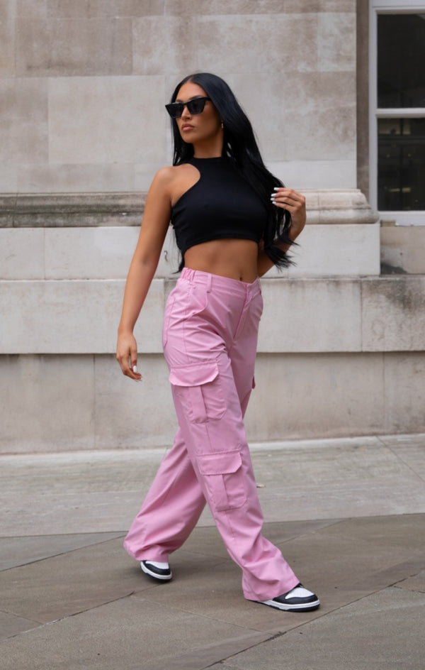 Femme Luxe Light Pink Oversized Straight Leg Two Side Pockets Cargo Trousers - Ella