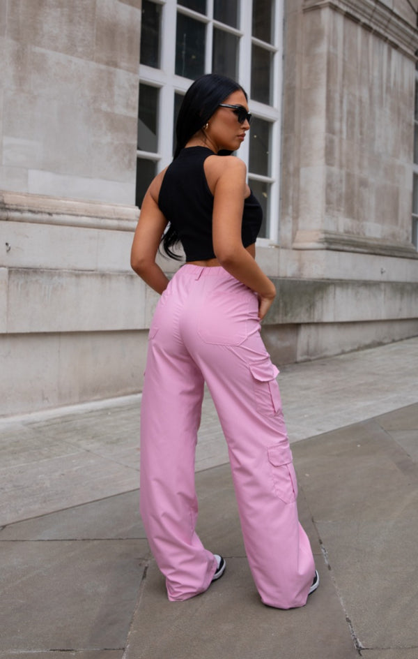 Femme Luxe Light Pink Oversized Straight Leg Two Side Pockets Cargo Trousers - Ella