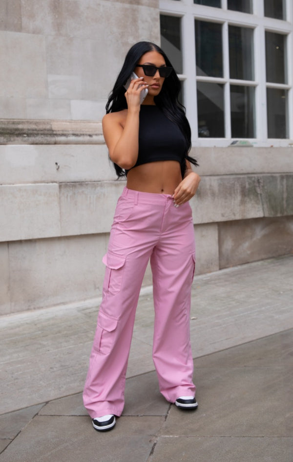 Femme Luxe Light Pink Oversized Straight Leg Two Side Pockets Cargo Trousers - Ella