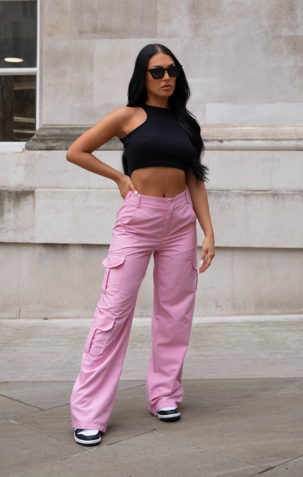 femme luxe Light Pink Oversized Straight Leg Two Side Pockets Cargo Trousers - Ella