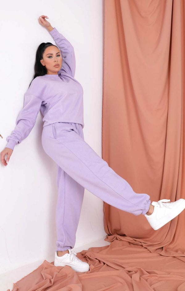 Femme Luxe Lilac Oversized Crew Neck Sweatshirt Cuffed Joggers Loungewear Set - Averi