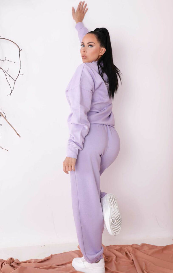 Femme Luxe Lilac Oversized Crew Neck Sweatshirt Cuffed Joggers Loungewear Set - Averi