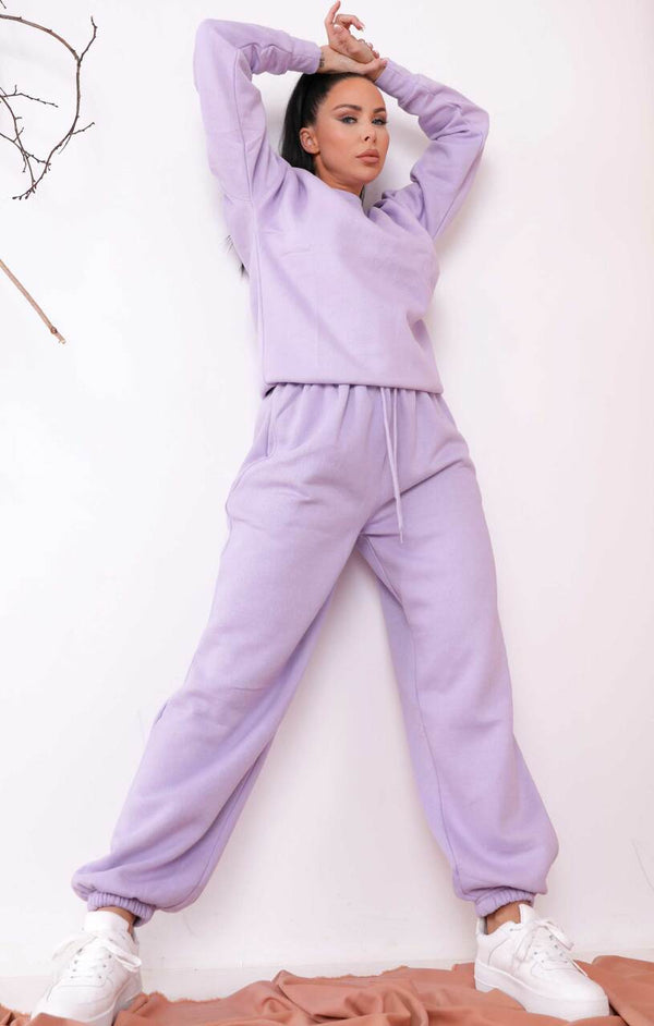 femme luxe Lilac Oversized Crew Neck Sweatshirt Cuffed Joggers Loungewear Set - Averi