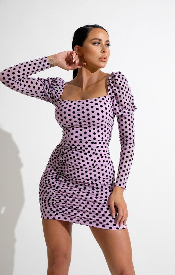 femme luxe Lilac Polka Dot Mesh Bodycon Mini Dress - Habiba