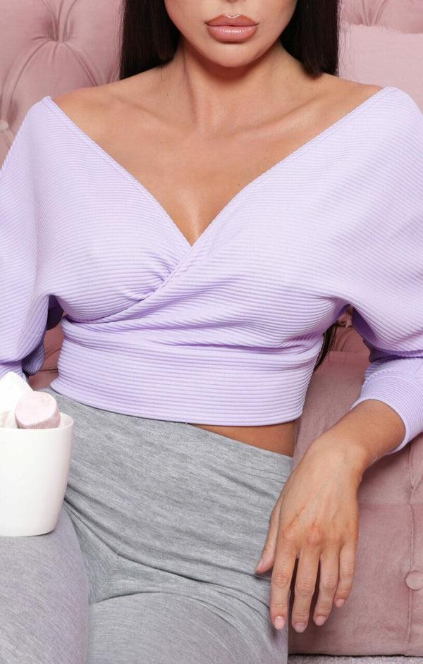 Femme Luxe Lilac Ribbed Off The Shoulder Crop Top - Kourt