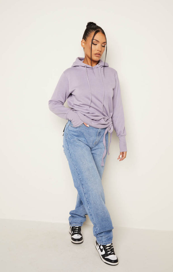 femme luxe Mauve Fleece Oversized Long Sleeve Ruched Front Hoodie - Lana