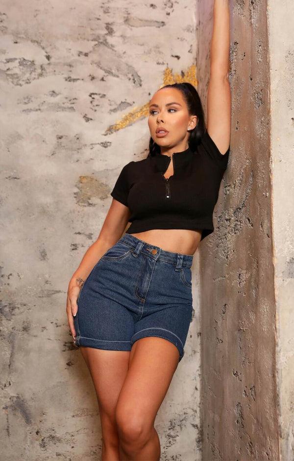 Femme Luxe Mid Blue High Waisted Roll Hem Denim Shorts - Maura