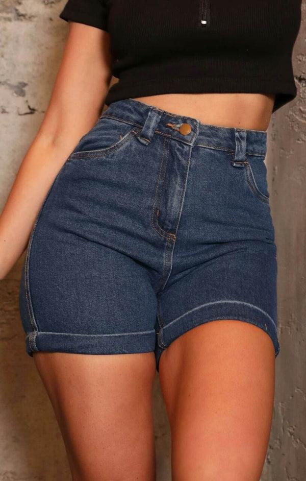 Femme Luxe Mid Blue High Waisted Roll Hem Denim Shorts - Maura