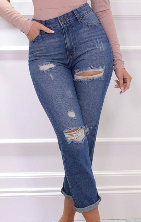 Femme Luxe Mid Wash Distressed Ripped Mom Jeans - Cora
