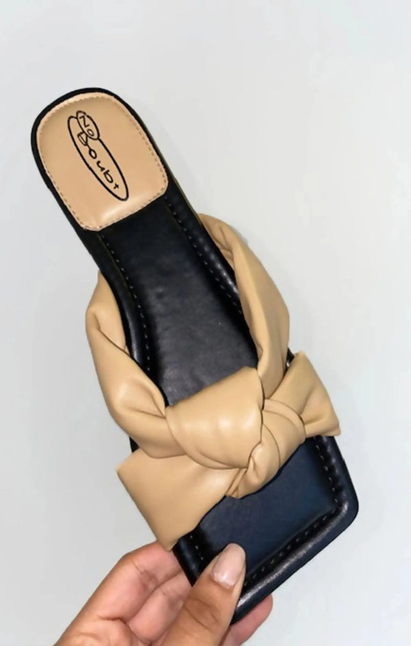Femme Luxe Mocha PU Knot Front Slider Sandals - Farrah