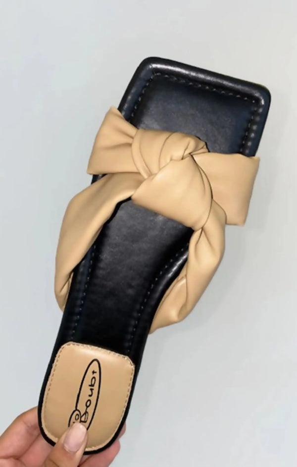 Femme Luxe Mocha PU Knot Front Slider Sandals - Farrah