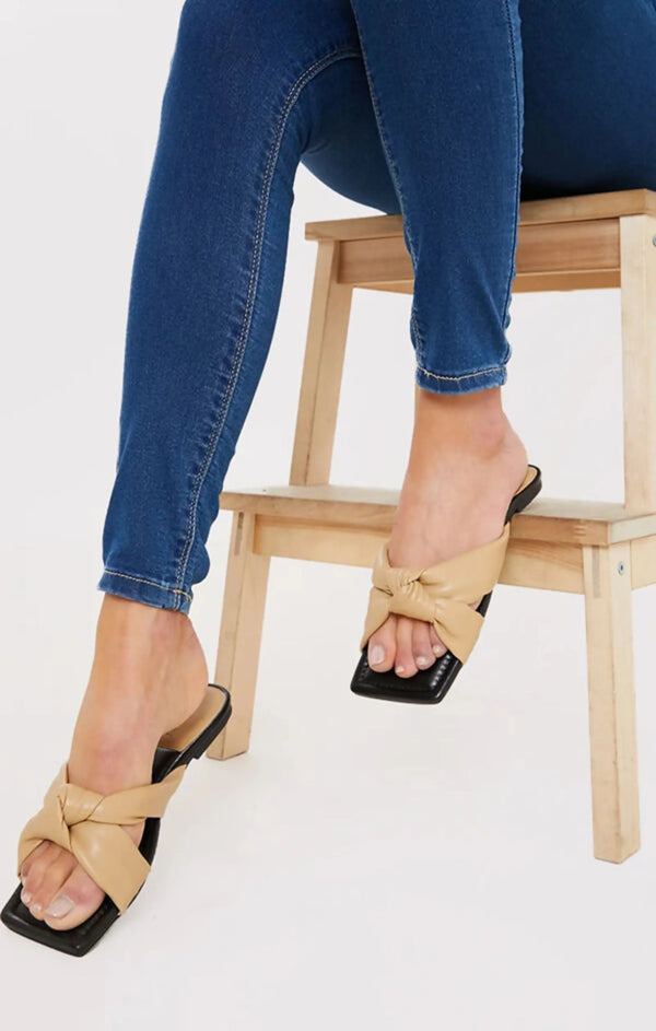 femme luxe Mocha PU Knot Front Slider Sandals - Farrah