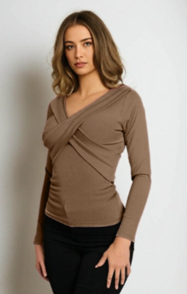 Femme Luxe Mocha Rib Off The Shoulder V Front V Back Long Sleeve Top - Everly