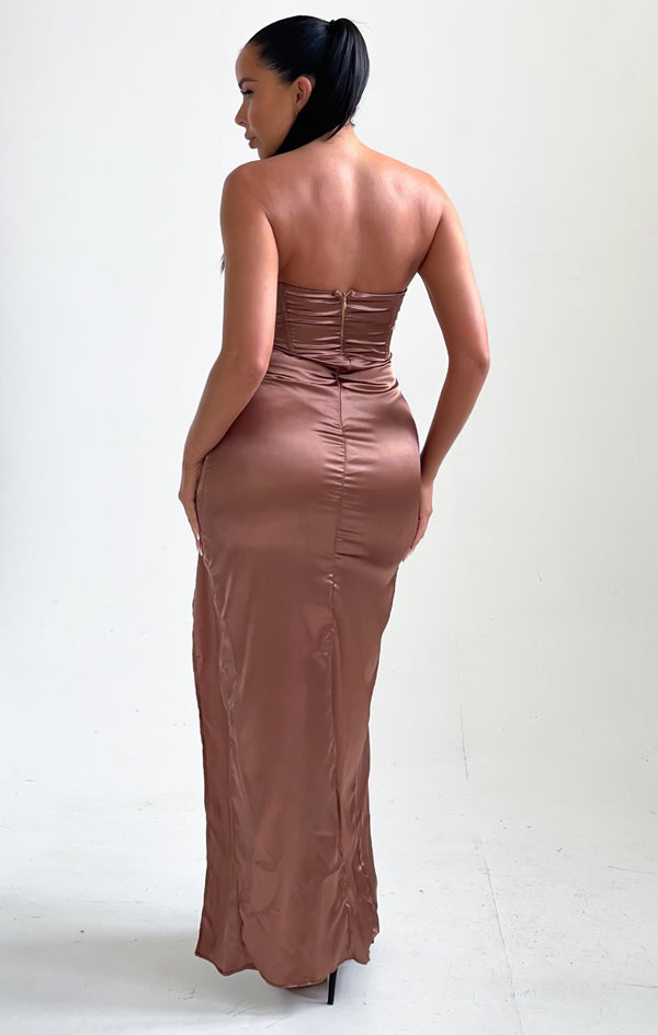 Femme Luxe Mocha Satin Strapless Split Leg Maxi Dress - Demi