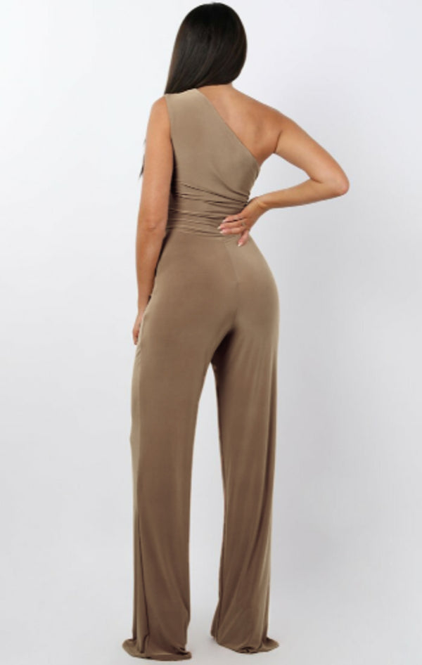 Femme Luxe Mocha Tie Front Slinky Wide Leg One Shoulder Jumpsuit - Heather